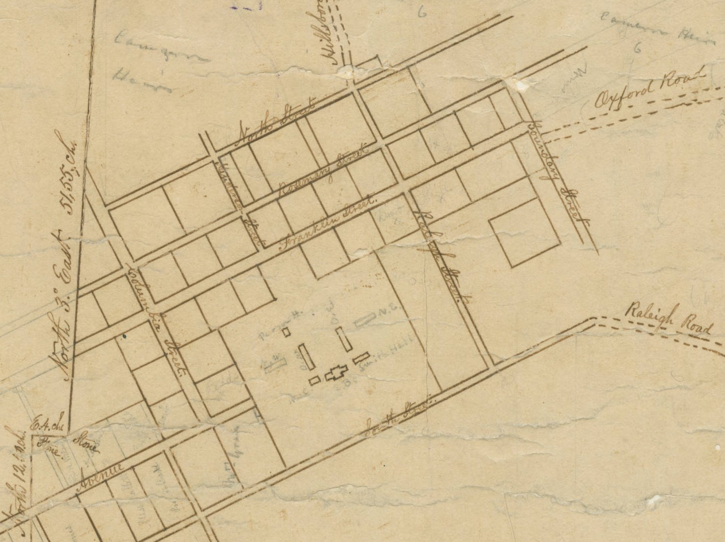 Hand-drawn map of Chapel Hill buildings and UNC depicts 1852 but was drawn in 1880.
